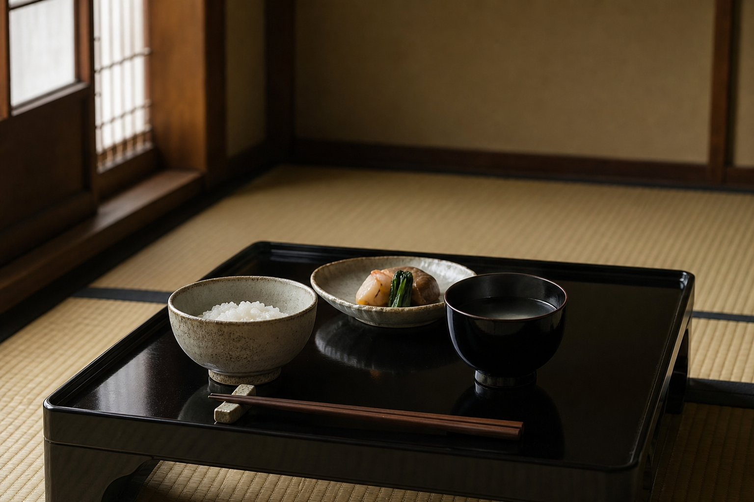 黒い折敷に整えられた茶懐石の一膳