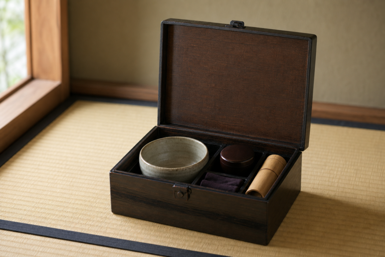 小さな茶道具を納めた開いた茶箱