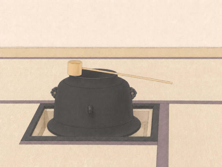 合の底と柄を釜の縁に掛けた竹の柄杓