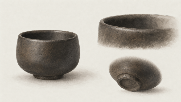 口が内側へすぼまる樂茶碗の全体、口縁、高台を見るための編集イラスト