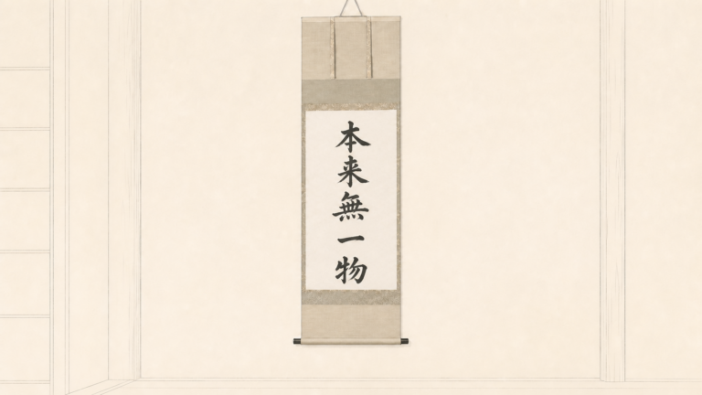 禅語「本来無一物」を縦書きした掛軸を茶室の床の間に掛けた編集イラスト