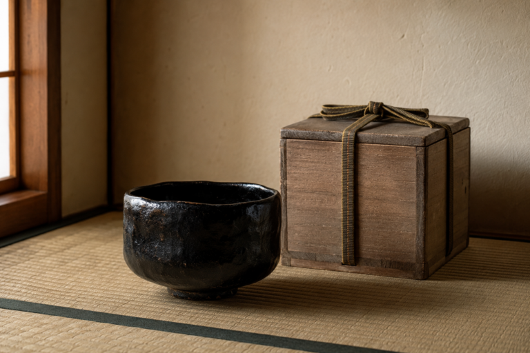 黒い茶碗と紐を掛けた箱。格と来歴、手の中の感覚を重ねて茶碗を見る東京無一物の編集イメージ