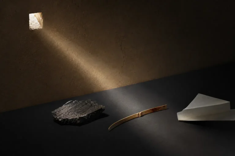 土壁に差す光、黒い素材、竹、白い紙で利休の構造を表した静物