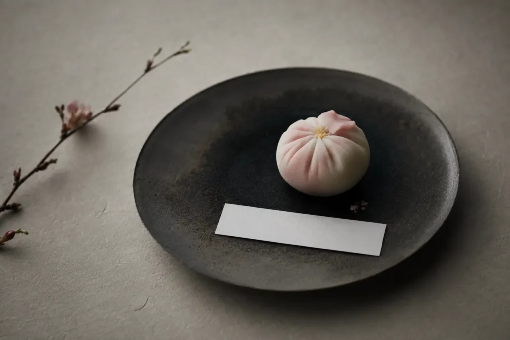 名のない淡い和菓子と一枚の無地の短冊を余白の中に置いた静物