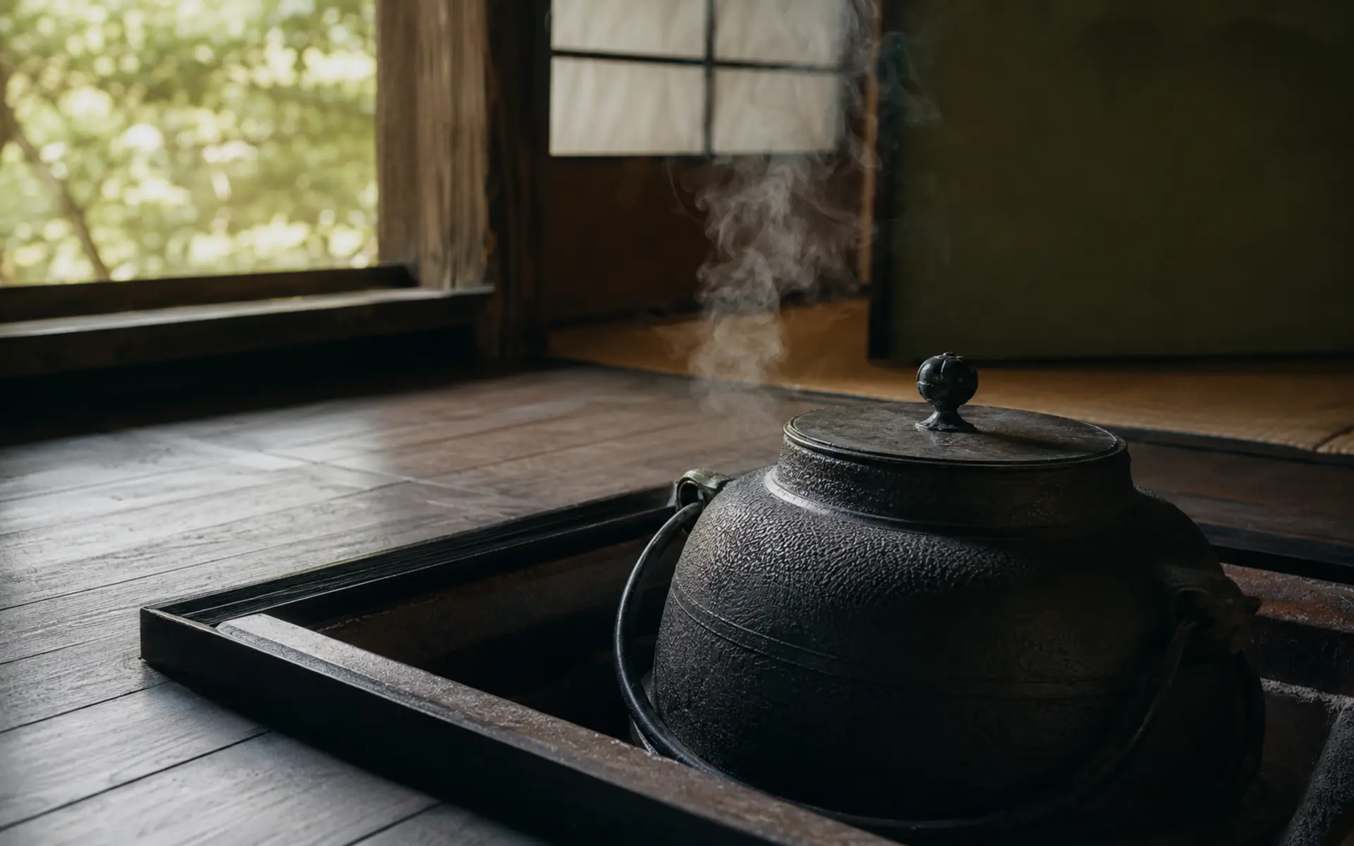 釜の音は、茶席で何を整えるのかを、東京無一物の静かな自然光で捉えた編集写真