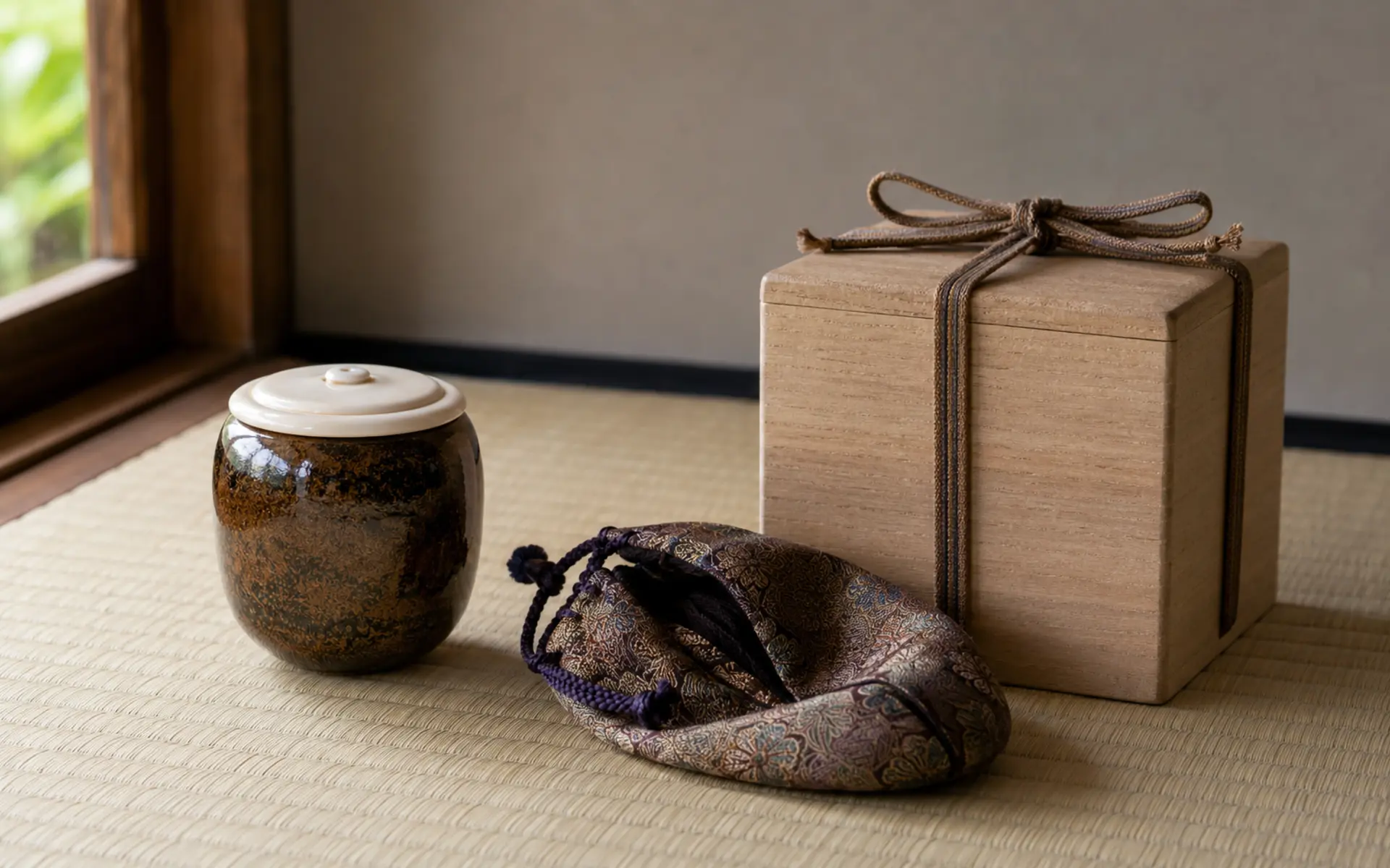 茶入は、なぜ小さな器に重い背景をまとうのかを、東京無一物の静かな自然光で捉えた編集写真