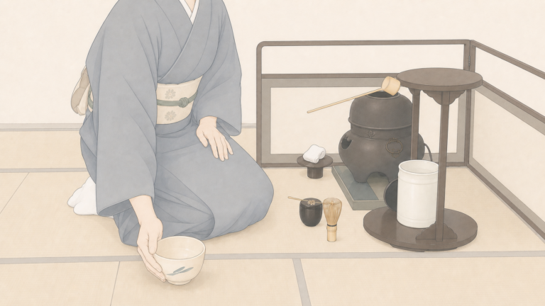 風炉の点前で亭主が茶碗を客へ差し出す場面を描いた編集イラスト