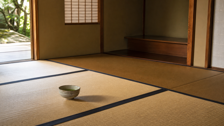一碗を中心に余白を残して整えられた茶室