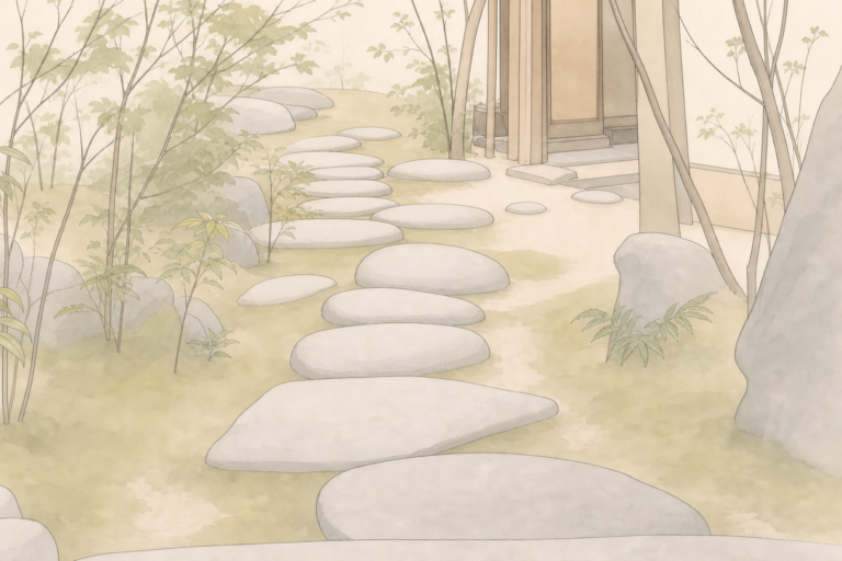 露地の飛石が歩幅と視線を導く様子を描いた編集イラスト