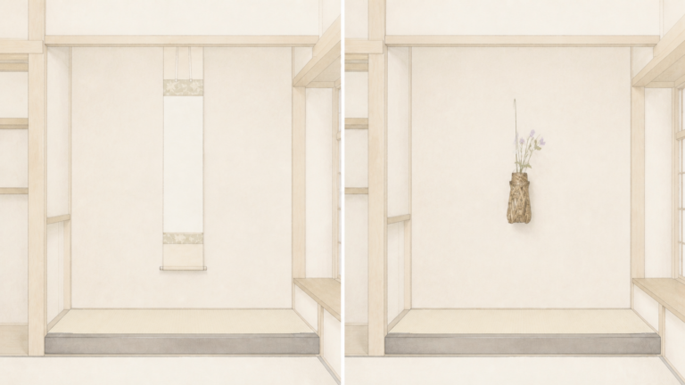 初座の掛物と後座の掛花を左右に対比した編集イラスト