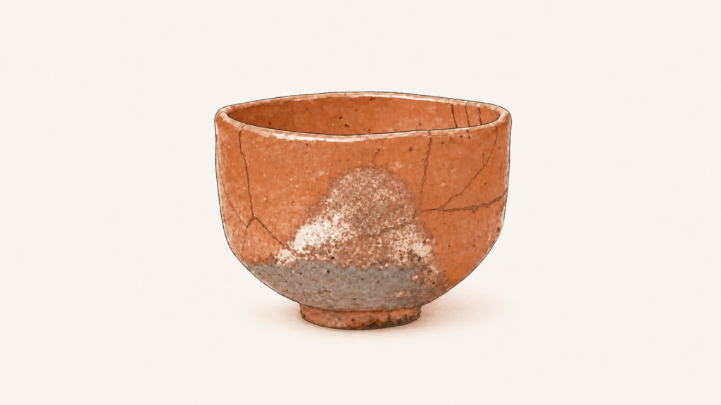 長次郎の赤樂茶碗「早船」を描いた編集イラスト