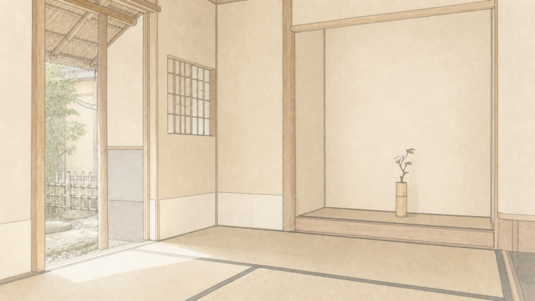 露地へ開いた無人の茶室と、後座の花を描いた乳白色の編集イラスト