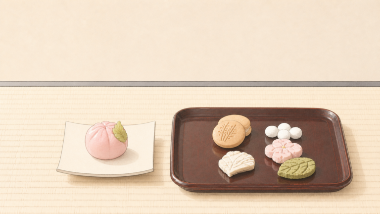 一つの主菓子と漆盆に並ぶ干菓子を対比した乳白色の編集イラスト