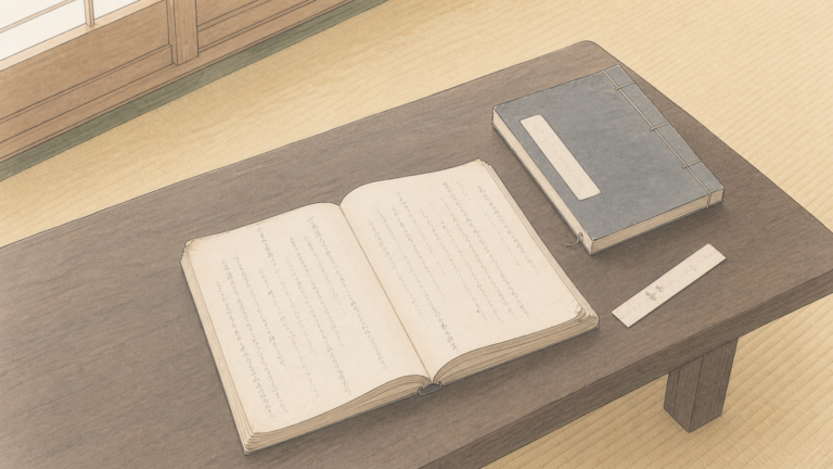 畳の間の低い木卓に開いた茶会記と和綴じ本を描いた乳白色の編集イラスト