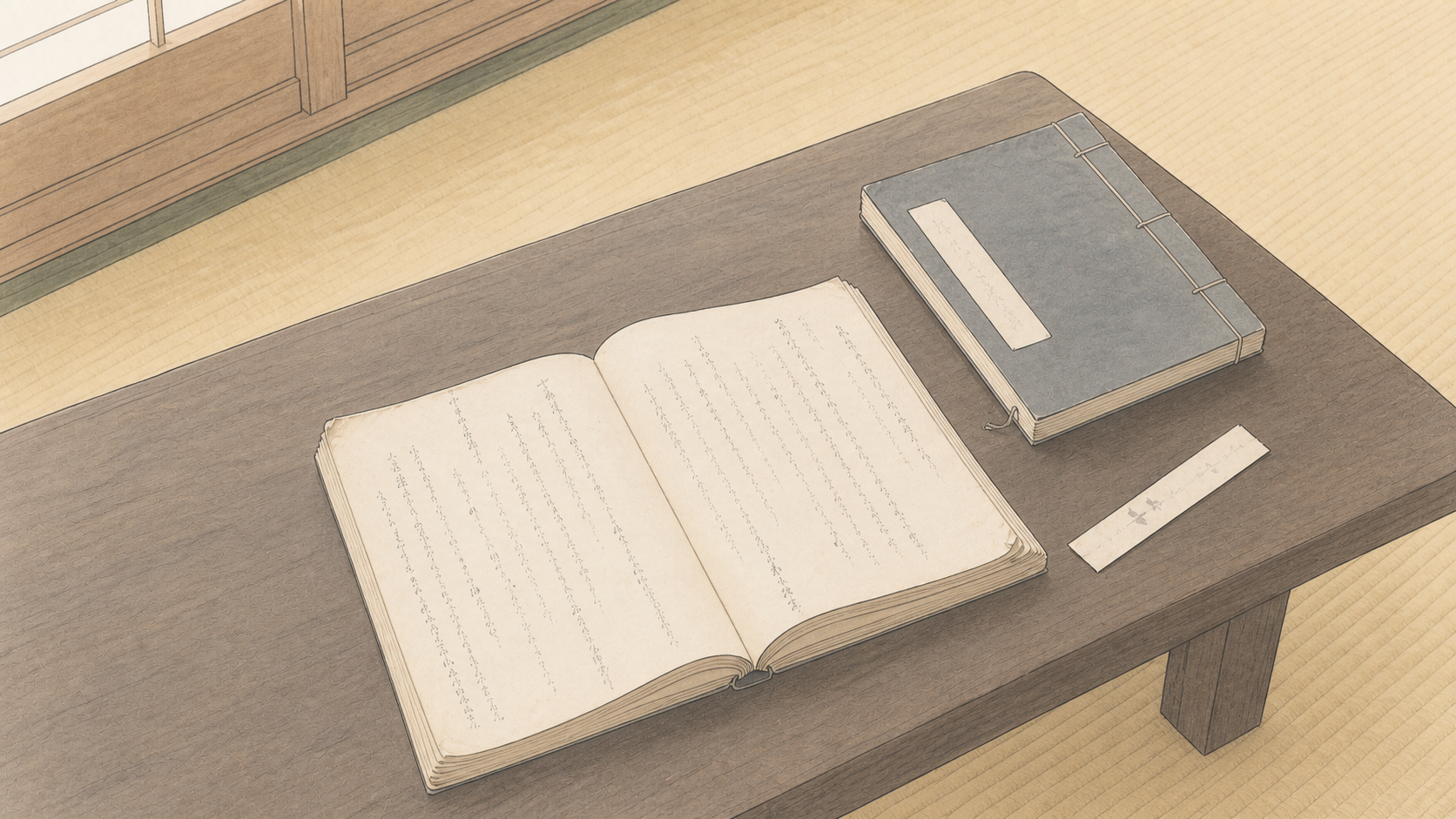 畳の間の低い木卓に開いた茶会記と和綴じ本を描いた乳白色の編集イラスト