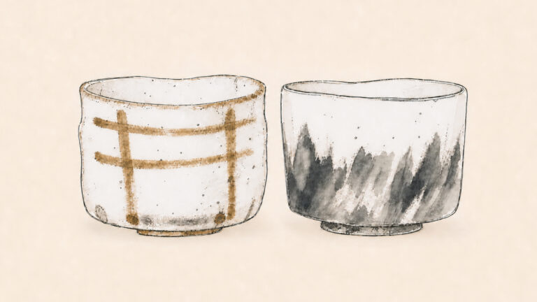 日本で生まれた二つの国宝茶碗、卯花墻と不二山を描いた編集イラスト