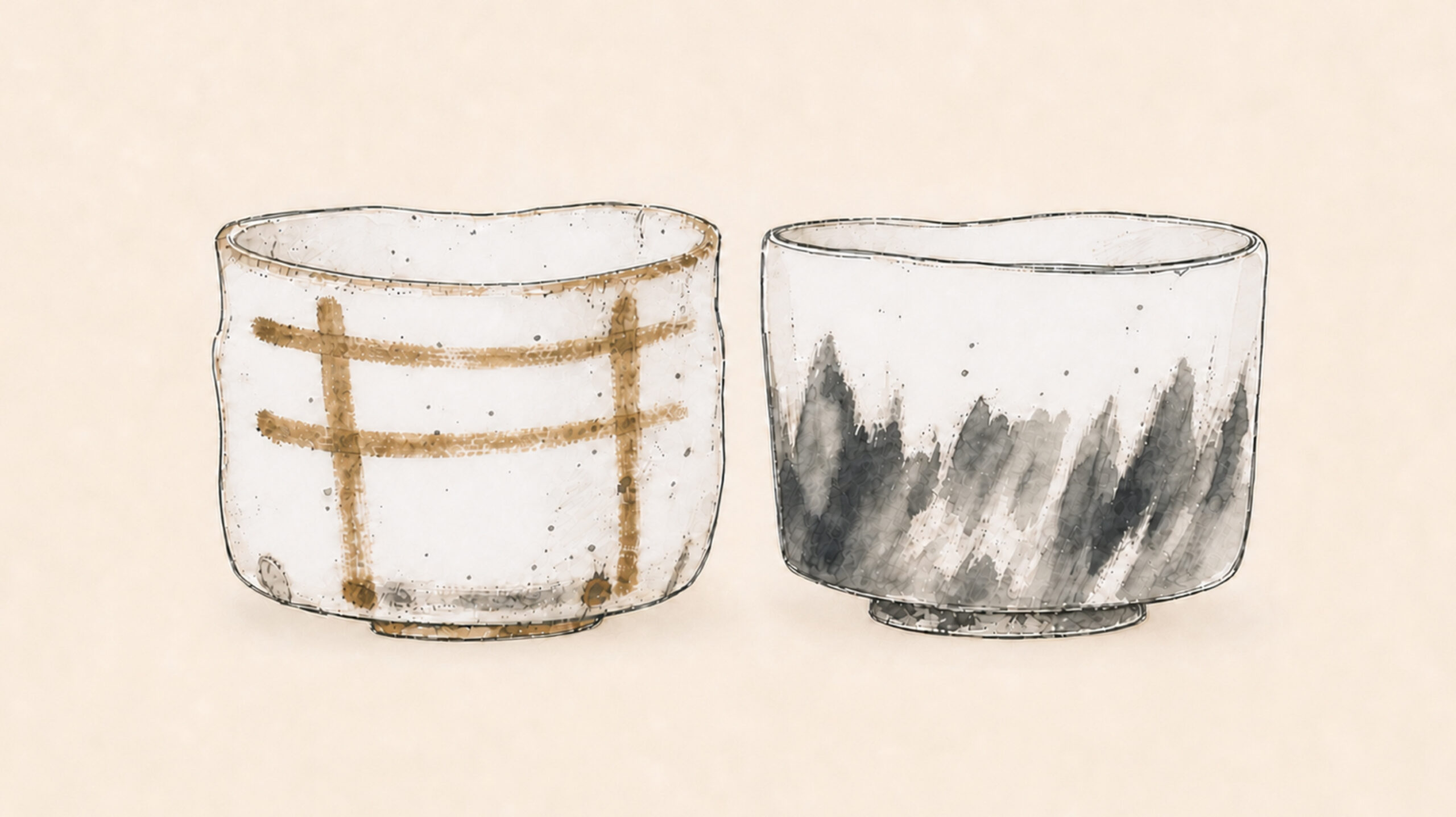 日本で生まれた二つの国宝茶碗、卯花墻と不二山を描いた編集イラスト