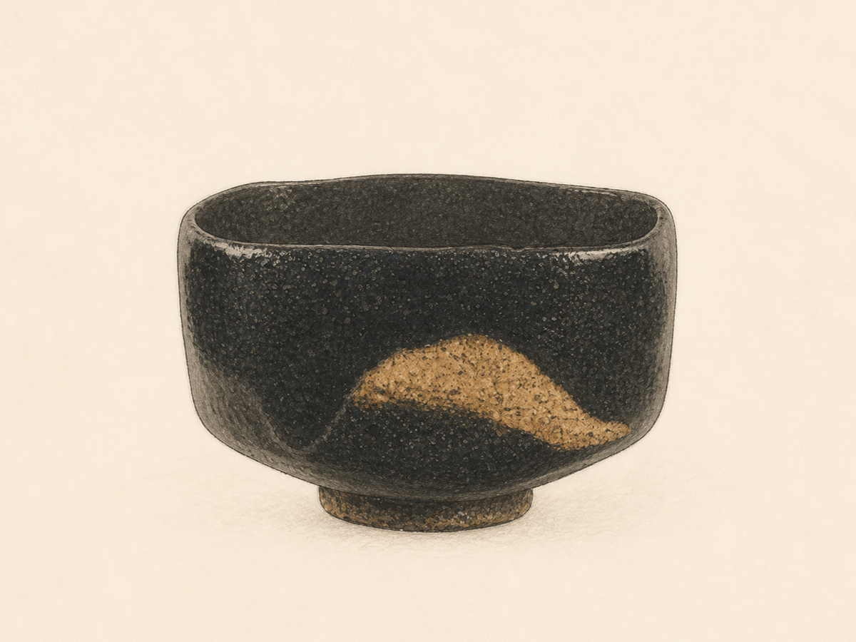 道入（ノンコウ）《黒樂茶碗 銘 升》の、四方に近い口縁と黒釉の胴をもつ姿