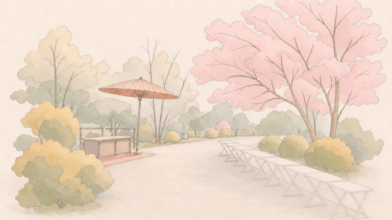 桜の庭に赤い野点傘と無人の客席を整えた大寄せ茶会の編集イラスト