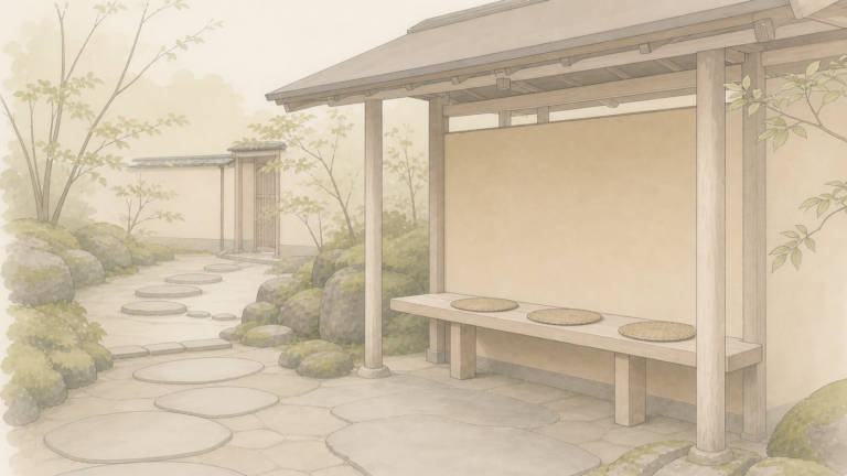 雨上がりの露地で、円座を置いた無人の腰掛待合と中門へ続く飛石を描いた編集イラスト