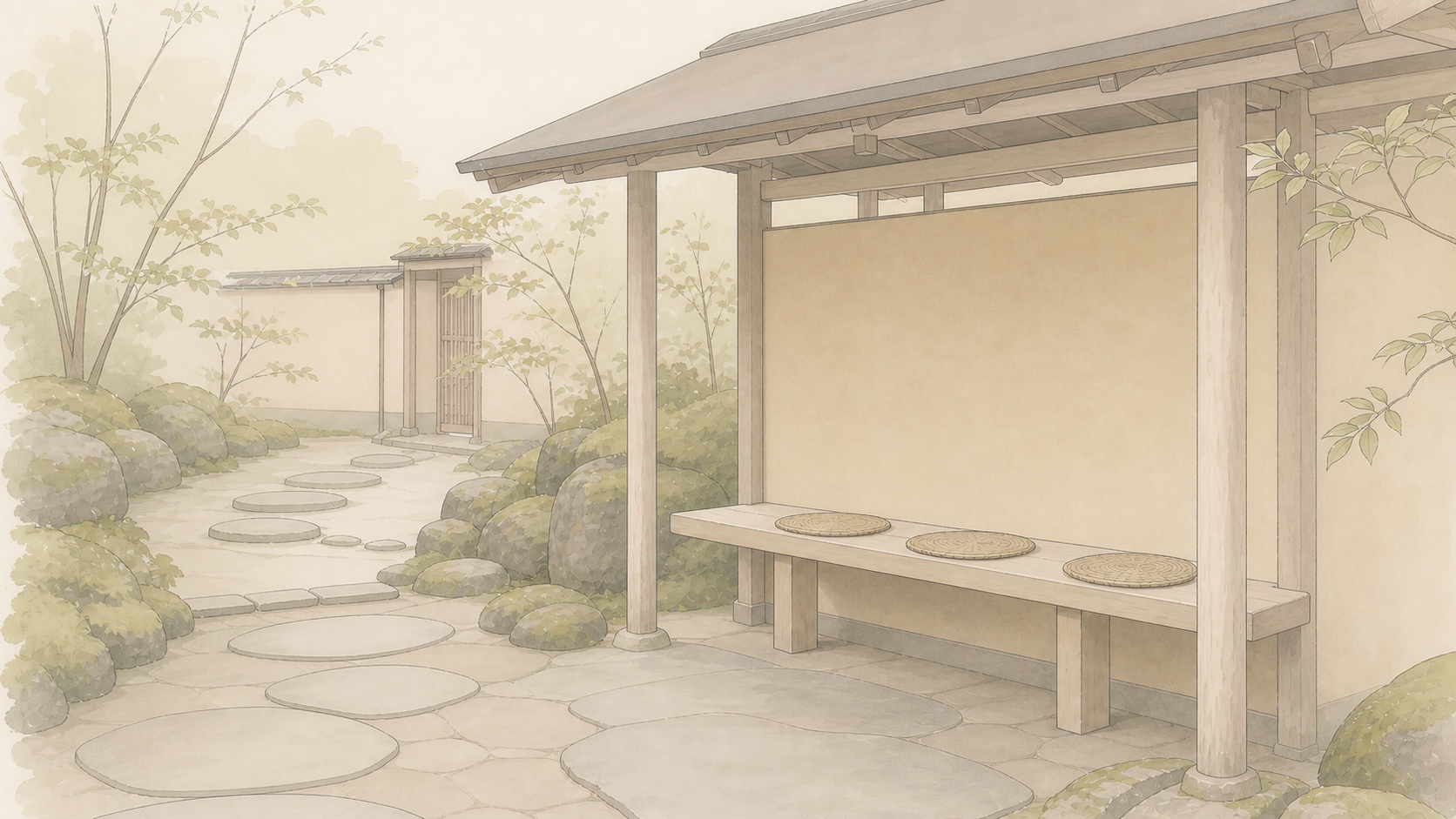 雨上がりの露地で、円座を置いた無人の腰掛待合と中門へ続く飛石を描いた編集イラスト